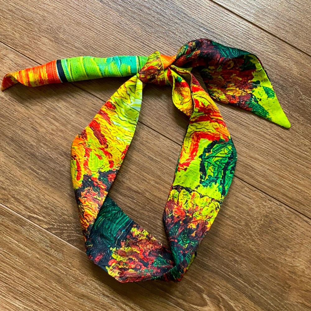 VAN GOGH SUNFLOWER WATERCOLOR SILK HAIR WRAP NECK TIE— NWOT